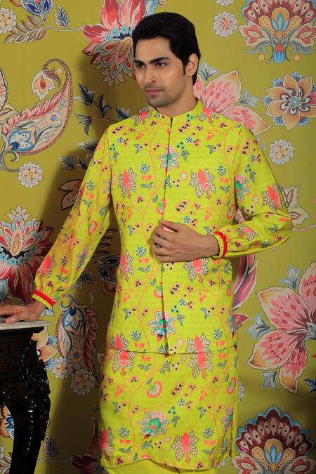 Buy_Yajy By Aditya Jain_Yellow Silk, Cotton Embroidery Bloom Print Bundi And Kurta Set _Online_at_Aza_Fashions