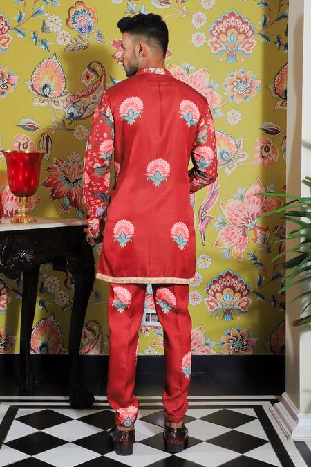 Shop Yajy By Aditya Jain Red Silk, Cotton Embroidery Flower Print Bundi And Kurta Set at Aza Fashions Shop_Yajy By Aditya Jain_Red Silk, Cotton Embroidery Flower Print Bundi And Kurta Set _at_Aza_Fashions