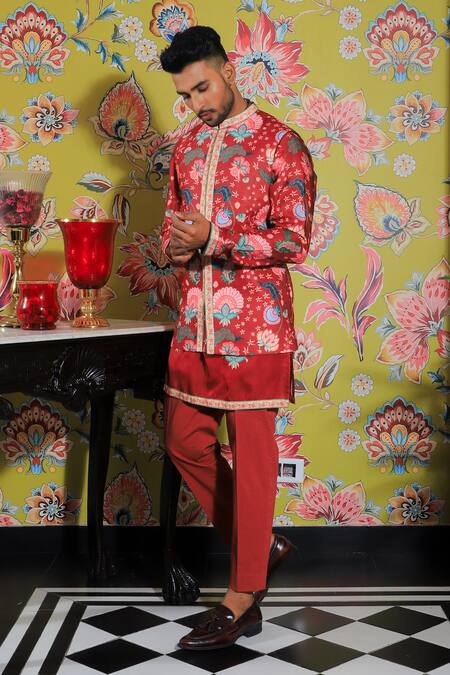 Buy Yajy By Aditya Jain Red Silk, Cotton Embroidery Flower Print Bundi And Kurta Set Online at Aza Fashions Buy_Yajy By Aditya Jain_Red Silk, Cotton Embroidery Flower Print Bundi And Kurta Set _Online_at_Aza_Fashions