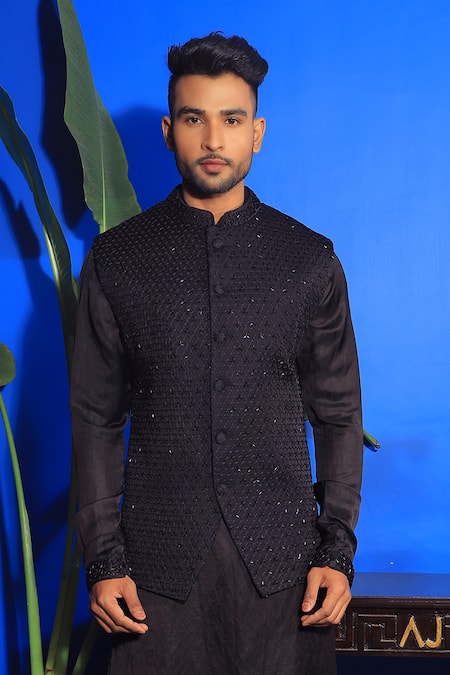 Yajy By Aditya Jain_Black Silk, Cotton Cut Work Cutdana Embroidered Bundi And Kurta Set _Online_at_Aza_Fashions