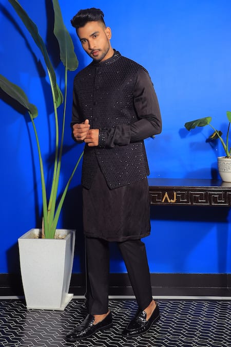 Shop_Yajy By Aditya Jain_Black Silk, Cotton Cut Work Cutdana Embroidered Bundi And Kurta Set _Online_at_Aza_Fashions