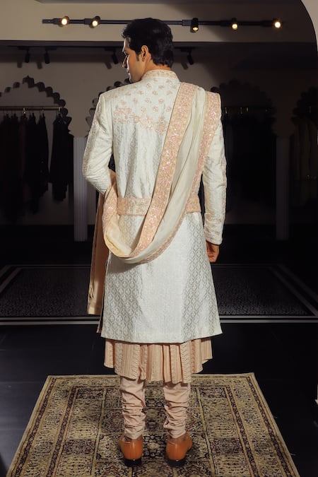 Shop Yajy By Aditya Jain Pink Silk, Cotton Sequins, Embroidery Floral Sherwani Set at Aza Fashions Shop_Yajy By Aditya Jain_Pink Silk, Cotton Sequins, Embroidery Floral Sherwani Set _at_Aza_Fashions