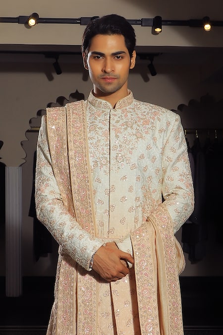 Yajy By Aditya Jain Pink Silk, Cotton Sequins, Embroidery Floral Sherwani Set Online at Aza Fashions Yajy By Aditya Jain_Pink Silk, Cotton Sequins, Embroidery Floral Sherwani Set _Online_at_Aza_Fashions