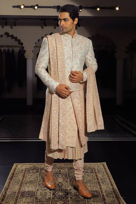 Shop Yajy By Aditya Jain Pink Silk, Cotton Sequins, Embroidery Floral Sherwani Set Online at Aza Fashions Shop_Yajy By Aditya Jain_Pink Silk, Cotton Sequins, Embroidery Floral Sherwani Set _Online_at_Aza_Fashions