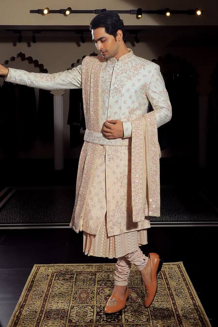 Yajy By Aditya Jain Pink Silk, Cotton Sequins, Embroidery Floral Sherwani Set at Aza Fashions Yajy By Aditya Jain_Pink Silk, Cotton Sequins, Embroidery Floral Sherwani Set _at_Aza_Fashions