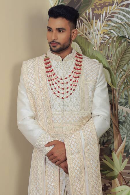 Yajy By Aditya Jain Pink Silk, Cotton Sequins, Embroidery Thread Sherwani Set at Aza Fashions Yajy By Aditya Jain_Pink Silk, Cotton Sequins, Embroidery Thread Sherwani Set _at_Aza_Fashions