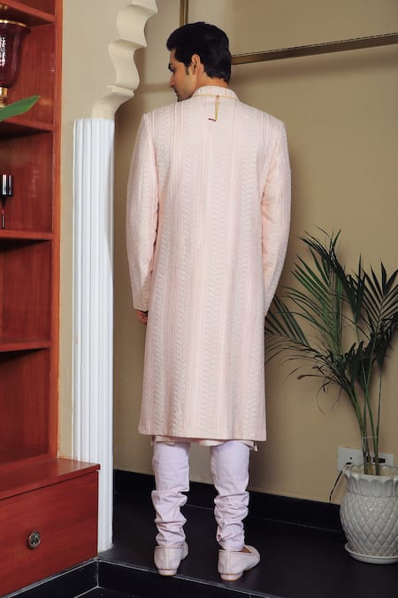 Shop Yajy By Aditya Jain Pink Silk, Cotton Sequins, Embroidery Leaf Sherwani Set at Aza Fashions Shop_Yajy By Aditya Jain_Pink Silk, Cotton Sequins, Embroidery Leaf Sherwani Set _at_Aza_Fashions