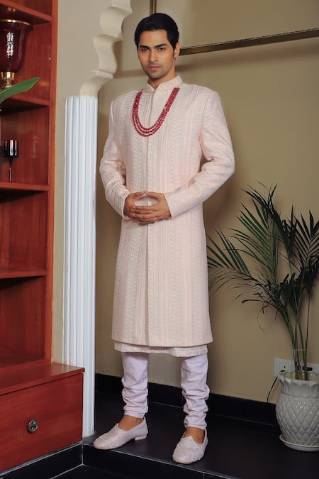 Yajy By Aditya Jain Pink Silk, Cotton Sequins, Embroidery Leaf Sherwani Set Online at Aza Fashions Yajy By Aditya Jain_Pink Silk, Cotton Sequins, Embroidery Leaf Sherwani Set _Online_at_Aza_Fashions