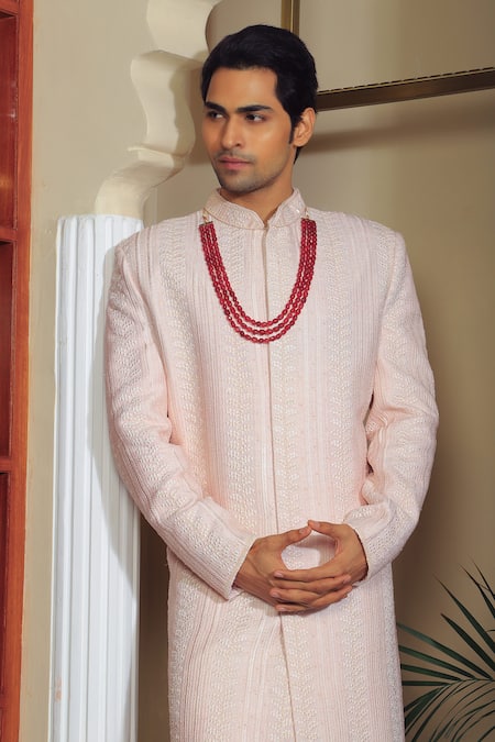 Shop Yajy By Aditya Jain Pink Silk, Cotton Sequins, Embroidery Leaf Sherwani Set Online at Aza Fashions Shop_Yajy By Aditya Jain_Pink Silk, Cotton Sequins, Embroidery Leaf Sherwani Set _Online_at_Aza_Fashions