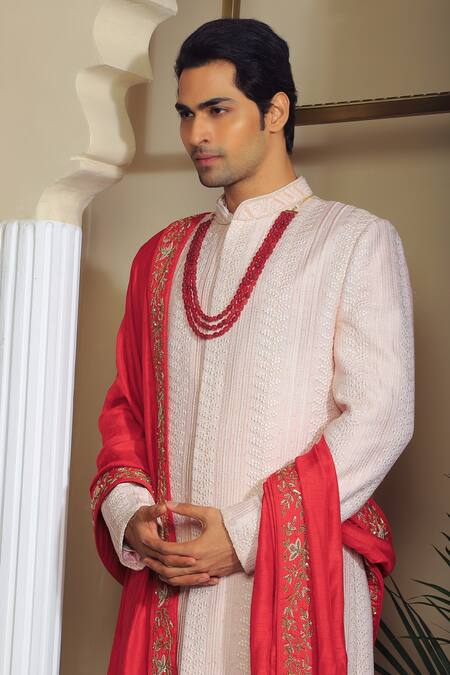 Yajy By Aditya Jain Pink Silk, Cotton Sequins, Embroidery Leaf Sherwani Set at Aza Fashions Yajy By Aditya Jain_Pink Silk, Cotton Sequins, Embroidery Leaf Sherwani Set _at_Aza_Fashions