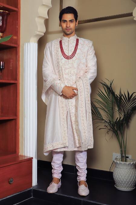 Yajy By Aditya Jain Off White Silk, Cotton Sequins, Embroidery Botanical Sherwani Set Online at Aza Fashions Yajy By Aditya Jain_Off White Silk, Cotton Sequins, Embroidery Botanical Sherwani Set _Online_at_Aza_Fashions