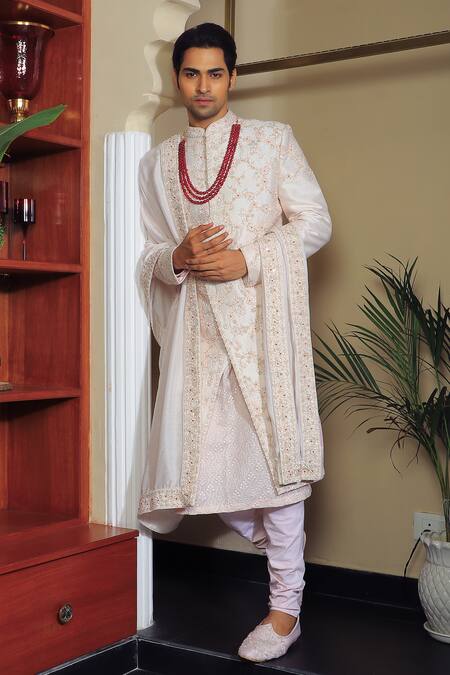 Shop Yajy By Aditya Jain Off White Silk, Cotton Sequins, Embroidery Botanical Sherwani Set Online at Aza Fashions Shop_Yajy By Aditya Jain_Off White Silk, Cotton Sequins, Embroidery Botanical Sherwani Set _Online_at_Aza_Fashions