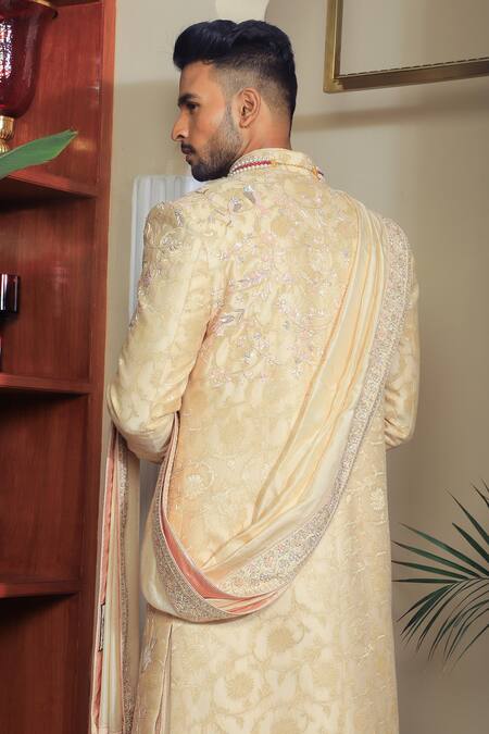 Shop Yajy By Aditya Jain Ivory Silk, Cotton Sequins, Embroidery Sherwani Set at Aza Fashions Shop_Yajy By Aditya Jain_Ivory Silk, Cotton Sequins, Embroidery Sherwani Set _at_Aza_Fashions