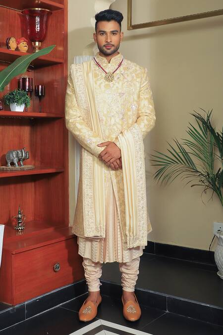 Yajy By Aditya Jain Ivory Silk, Cotton Sequins, Embroidery Sherwani Set Online at Aza Fashions Yajy By Aditya Jain_Ivory Silk, Cotton Sequins, Embroidery Sherwani Set _Online_at_Aza_Fashions