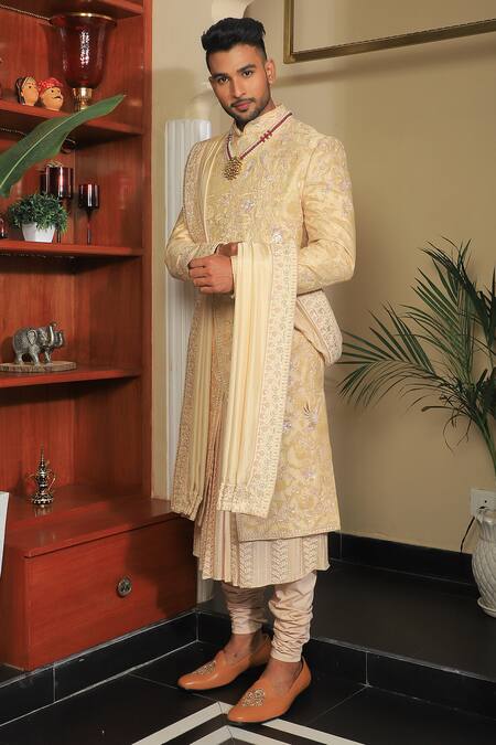 Buy Yajy By Aditya Jain Ivory Silk, Cotton Sequins, Embroidery Sherwani Set Online at Aza Fashions Buy_Yajy By Aditya Jain_Ivory Silk, Cotton Sequins, Embroidery Sherwani Set _Online_at_Aza_Fashions
