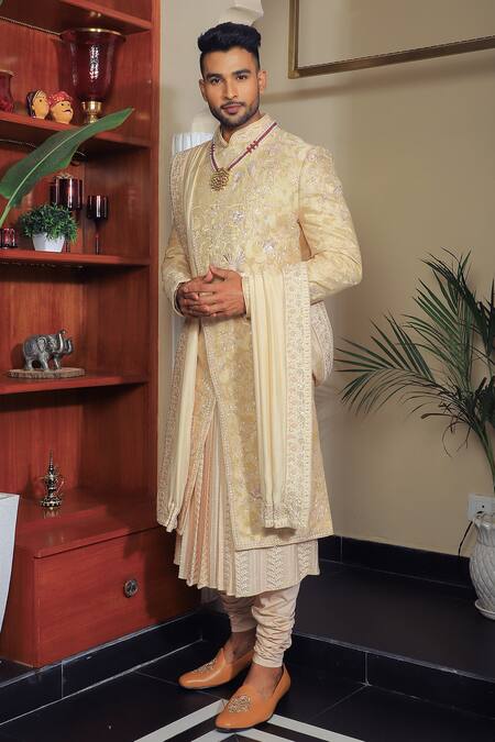 Shop Yajy By Aditya Jain Ivory Silk, Cotton Sequins, Embroidery Sherwani Set Online at Aza Fashions Shop_Yajy By Aditya Jain_Ivory Silk, Cotton Sequins, Embroidery Sherwani Set _Online_at_Aza_Fashions