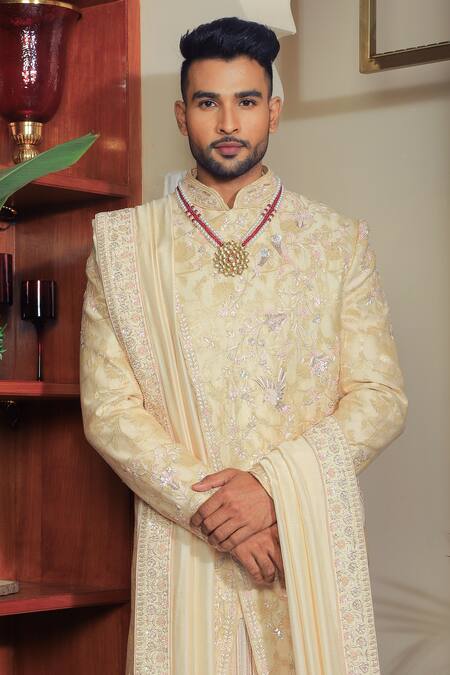 Yajy By Aditya Jain Ivory Silk, Cotton Sequins, Embroidery Sherwani Set at Aza Fashions Yajy By Aditya Jain_Ivory Silk, Cotton Sequins, Embroidery Sherwani Set _at_Aza_Fashions