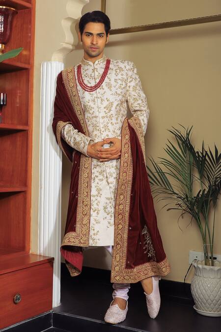 Yajy By Aditya Jain_Off White Silk, Cotton Sequins, Embroidery Flower Sherwani Set _Online_at_Aza_Fashions