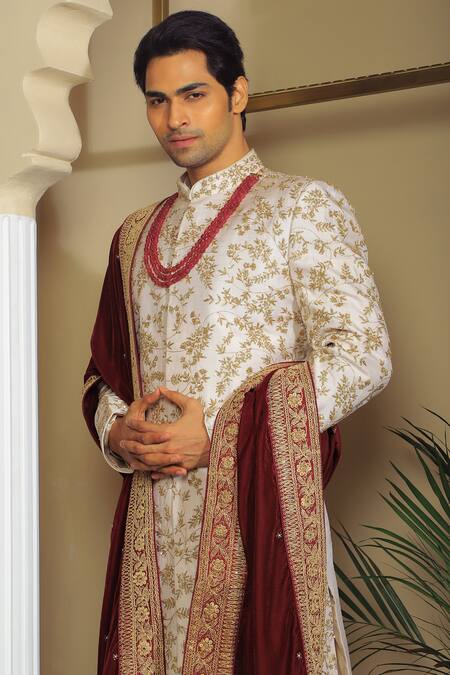 Buy_Yajy By Aditya Jain_Off White Silk, Cotton Sequins, Embroidery Flower Sherwani Set _Online_at_Aza_Fashions