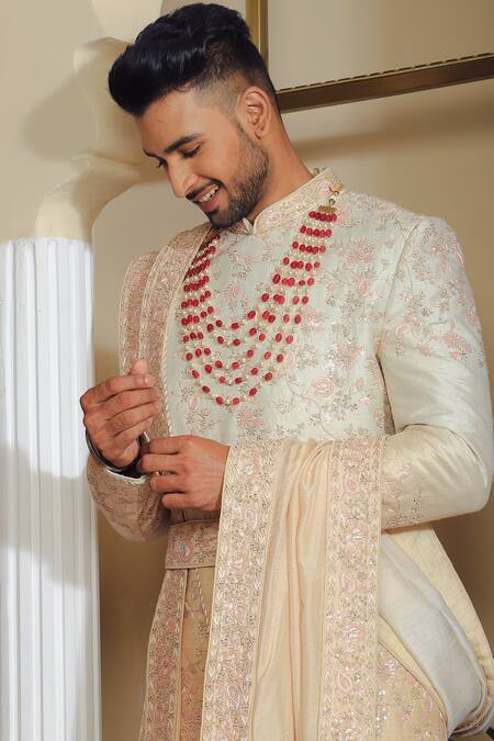 Buy_Yajy By Aditya Jain_Off White Silk, Cotton Embroidery, Sequins Sherwani Set _Online_at_Aza_Fashions