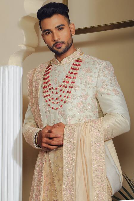 Shop_Yajy By Aditya Jain_Off White Silk, Cotton Embroidery, Sequins Sherwani Set _Online_at_Aza_Fashions