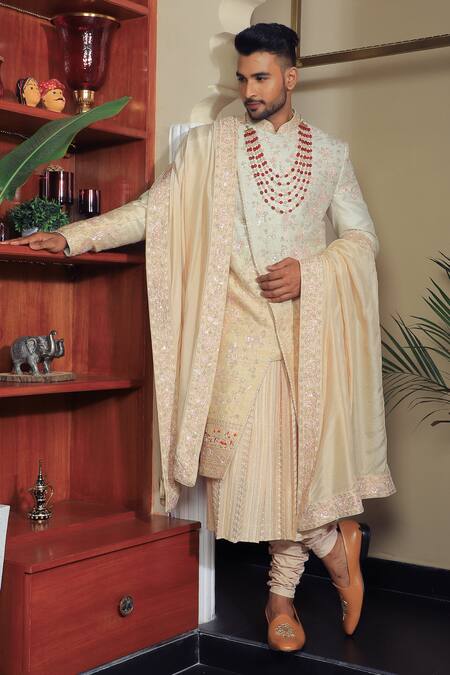 Yajy By Aditya Jain_Off White Silk, Cotton Embroidery, Sequins Sherwani Set _at_Aza_Fashions