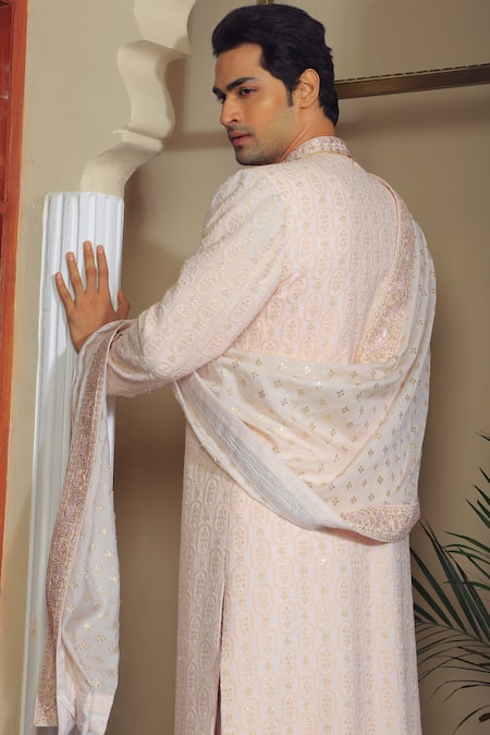 Shop Yajy By Aditya Jain Pink Silk, Cotton Sequins, Embroidery Thread And Sherwani Set at Aza Fashions Shop_Yajy By Aditya Jain_Pink Silk, Cotton Sequins, Embroidery Thread And Sherwani Set _at_Aza_Fashions