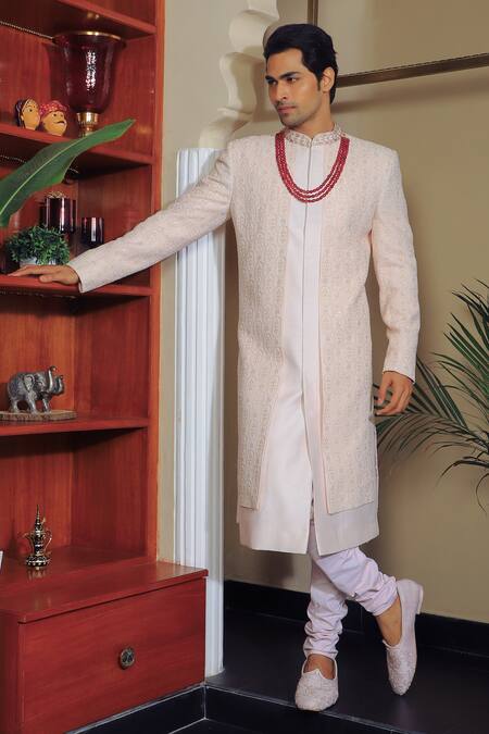 Yajy By Aditya Jain Pink Silk, Cotton Sequins, Embroidery Thread And Sherwani Set Online at Aza Fashions Yajy By Aditya Jain_Pink Silk, Cotton Sequins, Embroidery Thread And Sherwani Set _Online_at_Aza_Fashions