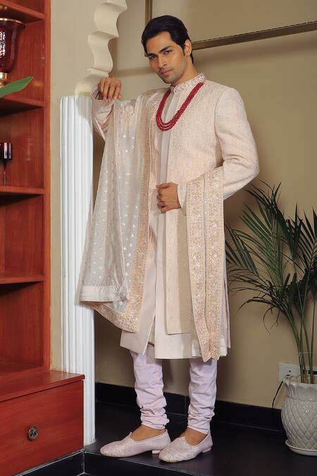 Shop Yajy By Aditya Jain Pink Silk, Cotton Sequins, Embroidery Thread And Sherwani Set Online at Aza Fashions Shop_Yajy By Aditya Jain_Pink Silk, Cotton Sequins, Embroidery Thread And Sherwani Set _Online_at_Aza_Fashions