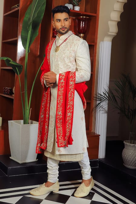 Yajy By Aditya Jain Ivory Silk, Cotton Sequins, Embroidery Paisley And Floral Sherwani Set Online at Aza Fashions Yajy By Aditya Jain_Ivory Silk, Cotton Sequins, Embroidery Paisley And Floral Sherwani Set _Online_at_Aza_Fashions
