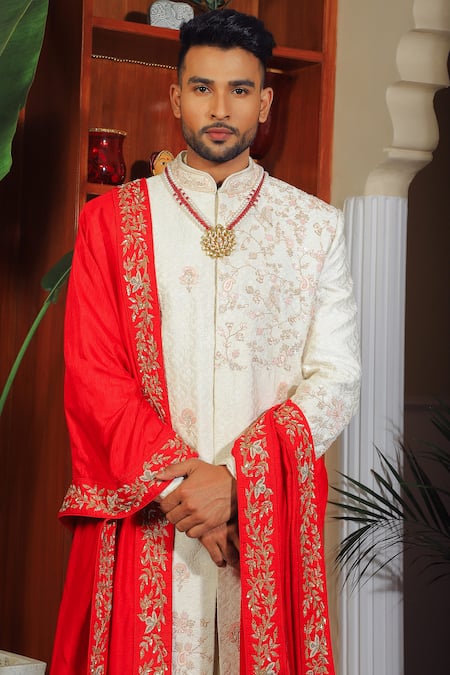 Shop Yajy By Aditya Jain Ivory Silk, Cotton Sequins, Embroidery Paisley And Floral Sherwani Set Online at Aza Fashions Shop_Yajy By Aditya Jain_Ivory Silk, Cotton Sequins, Embroidery Paisley And Floral Sherwani Set _Online_at_Aza_Fashions