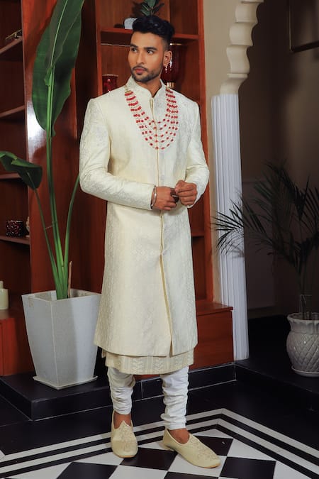 Buy Yajy By Aditya Jain Ivory Silk, Cotton Sequins, Embroidery Paisley And Floral Sherwani Set Buy_Yajy By Aditya Jain_Ivory Silk, Cotton Sequins, Embroidery Paisley And Floral Sherwani Set