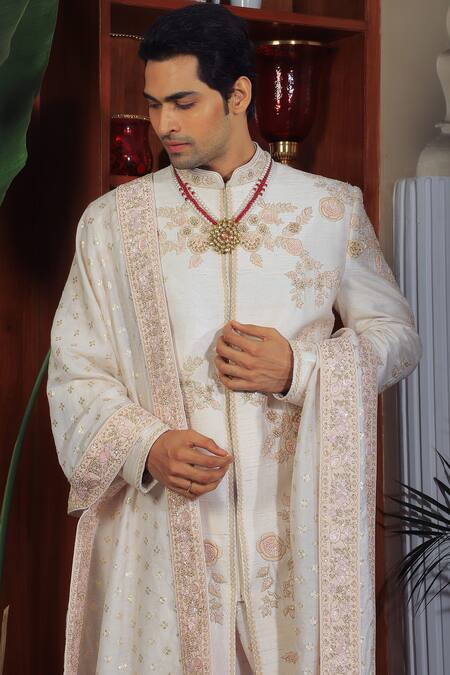 Yajy By Aditya Jain_Off White Silk, Cotton Sequins, Embroidery Flower Sherwani Set _Online_at_Aza_Fashions