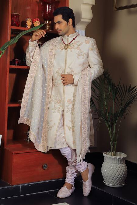 Buy_Yajy By Aditya Jain_Off White Silk, Cotton Sequins, Embroidery Flower Sherwani Set _Online_at_Aza_Fashions