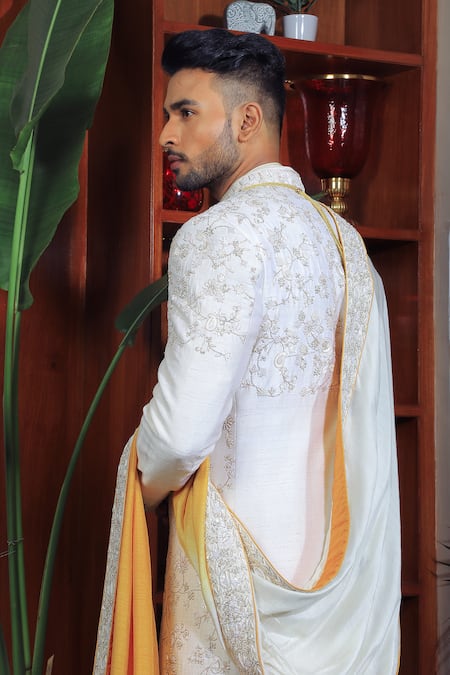 Shop Yajy By Aditya Jain Ivory Silk, Cotton Embroidery, Sequins Bloom Sherwani Set at Aza Fashions Shop_Yajy By Aditya Jain_Ivory Silk, Cotton Embroidery, Sequins Bloom Sherwani Set _at_Aza_Fashions