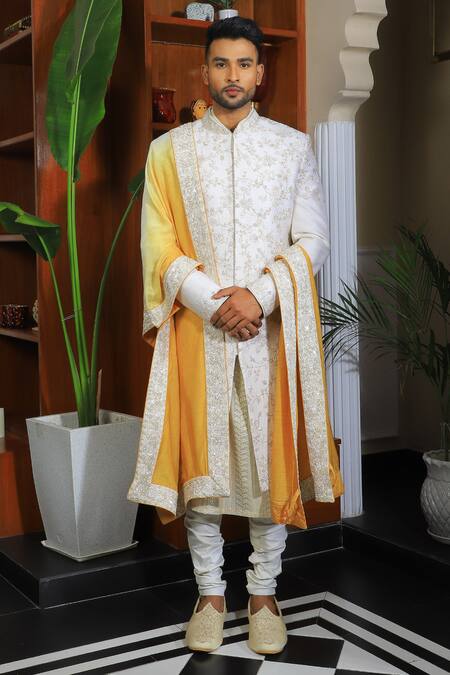 Yajy By Aditya Jain Ivory Silk, Cotton Embroidery, Sequins Bloom Sherwani Set Online at Aza Fashions Yajy By Aditya Jain_Ivory Silk, Cotton Embroidery, Sequins Bloom Sherwani Set _Online_at_Aza_Fashions