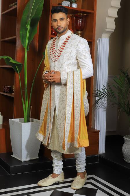 Shop Yajy By Aditya Jain Ivory Silk, Cotton Embroidery, Sequins Bloom Sherwani Set Online at Aza Fashions Shop_Yajy By Aditya Jain_Ivory Silk, Cotton Embroidery, Sequins Bloom Sherwani Set _Online_at_Aza_Fashions