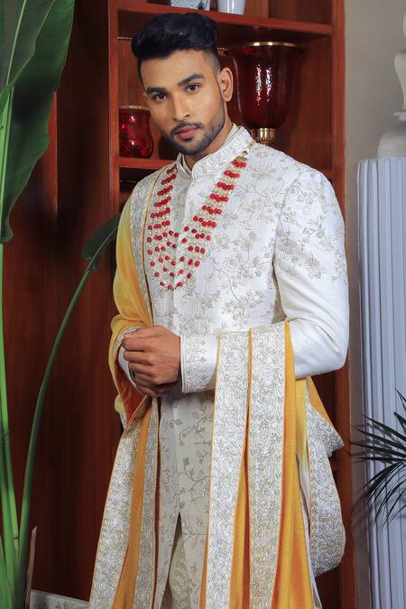 Yajy By Aditya Jain Ivory Silk, Cotton Embroidery, Sequins Bloom Sherwani Set at Aza Fashions Yajy By Aditya Jain_Ivory Silk, Cotton Embroidery, Sequins Bloom Sherwani Set _at_Aza_Fashions