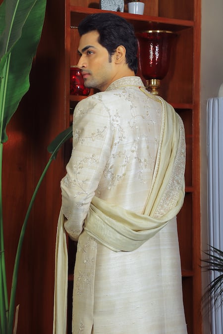Shop Yajy By Aditya Jain Ivory Silk, Cotton Sequins, Embroidery And Thread Sherwani Set at Aza Fashions Shop_Yajy By Aditya Jain_Ivory Silk, Cotton Sequins, Embroidery And Thread Sherwani Set _at_Aza_Fashions