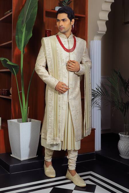 Yajy By Aditya Jain Ivory Silk, Cotton Sequins, Embroidery And Thread Sherwani Set Online at Aza Fashions Yajy By Aditya Jain_Ivory Silk, Cotton Sequins, Embroidery And Thread Sherwani Set _Online_at_Aza_Fashions
