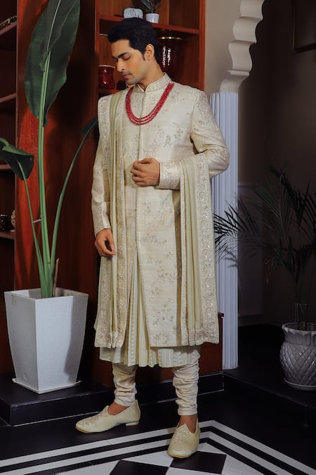 Buy Yajy By Aditya Jain Ivory Silk, Cotton Sequins, Embroidery And Thread Sherwani Set Online at Aza Fashions Buy_Yajy By Aditya Jain_Ivory Silk, Cotton Sequins, Embroidery And Thread Sherwani Set _Online_at_Aza_Fashions