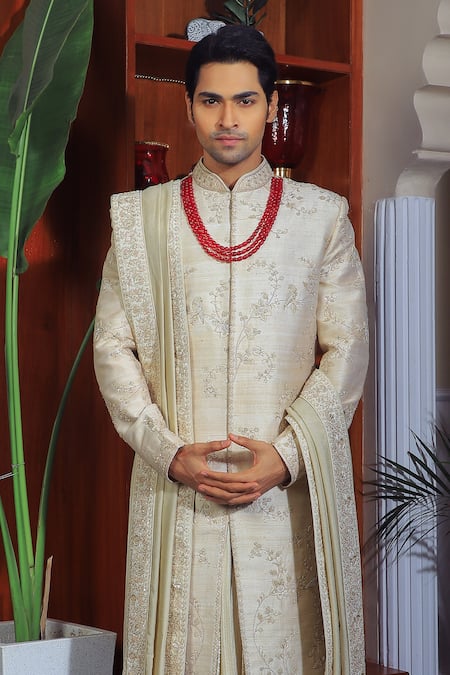 Shop Yajy By Aditya Jain Ivory Silk, Cotton Sequins, Embroidery And Thread Sherwani Set Online at Aza Fashions Shop_Yajy By Aditya Jain_Ivory Silk, Cotton Sequins, Embroidery And Thread Sherwani Set _Online_at_Aza_Fashions