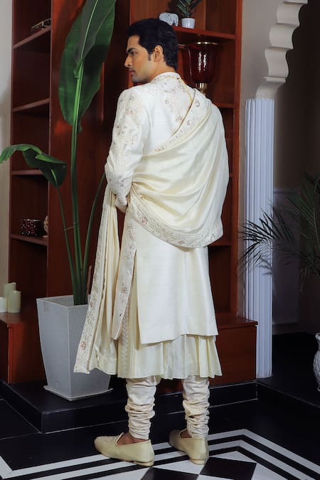 Shop Yajy By Aditya Jain Ivory Silk, Cotton Sequins, Embroidery Mughal Sherwani Set at Aza Fashions Shop_Yajy By Aditya Jain_Ivory Silk, Cotton Sequins, Embroidery Mughal Sherwani Set _at_Aza_Fashions