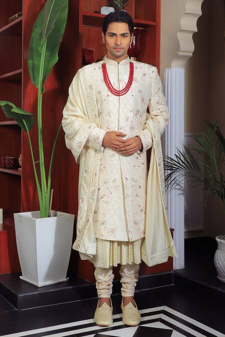 Yajy By Aditya Jain Ivory Silk, Cotton Sequins, Embroidery Mughal Sherwani Set Online at Aza Fashions Yajy By Aditya Jain_Ivory Silk, Cotton Sequins, Embroidery Mughal Sherwani Set _Online_at_Aza_Fashions