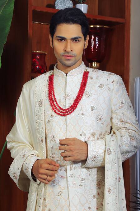 Buy Yajy By Aditya Jain Ivory Silk, Cotton Sequins, Embroidery Mughal Sherwani Set Online at Aza Fashions Buy_Yajy By Aditya Jain_Ivory Silk, Cotton Sequins, Embroidery Mughal Sherwani Set _Online_at_Aza_Fashions