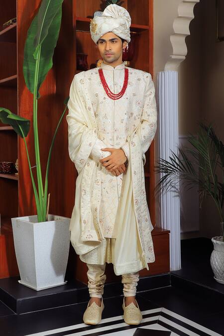 Shop Yajy By Aditya Jain Ivory Silk, Cotton Sequins, Embroidery Mughal Sherwani Set Online at Aza Fashions Shop_Yajy By Aditya Jain_Ivory Silk, Cotton Sequins, Embroidery Mughal Sherwani Set _Online_at_Aza_Fashions