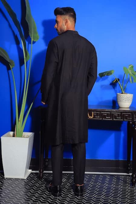 Shop Yajy By Aditya Jain Black Silk, Cotton Embroidery Placket Kurta And Trouser Set at Aza Fashions Shop_Yajy By Aditya Jain_Black Silk, Cotton Embroidery Placket Kurta And Trouser Set _at_Aza_Fashions