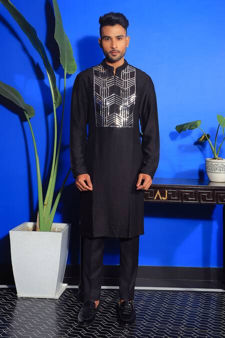 Yajy By Aditya Jain Black Silk, Cotton Embroidery Placket Kurta And Trouser Set Online at Aza Fashions Yajy By Aditya Jain_Black Silk, Cotton Embroidery Placket Kurta And Trouser Set _Online_at_Aza_Fashions