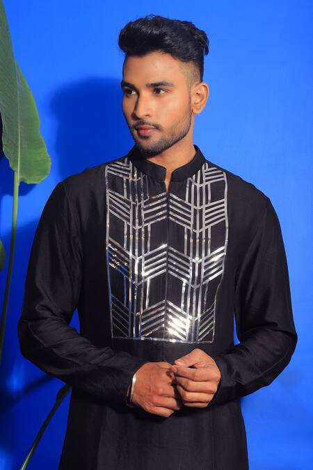 Buy Yajy By Aditya Jain Black Silk, Cotton Embroidery Placket Kurta And Trouser Set Online at Aza Fashions Buy_Yajy By Aditya Jain_Black Silk, Cotton Embroidery Placket Kurta And Trouser Set _Online_at_Aza_Fashions