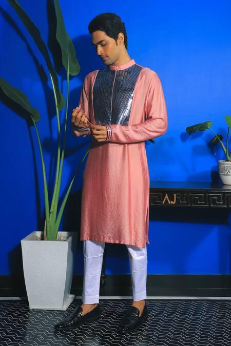 Yajy By Aditya Jain Pink Silk, Cotton Embroidery Kurta And Trouser Set Online at Aza Fashions Yajy By Aditya Jain_Pink Silk, Cotton Embroidery Kurta And Trouser Set _Online_at_Aza_Fashions